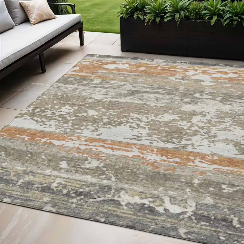 Taupe Copper And Ivory Striped Washable Indoor Outdoor Area Rug Photo 1