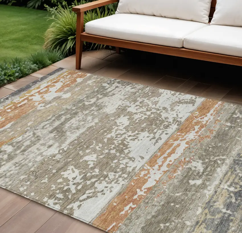 Taupe Copper And Ivory Striped Washable Indoor Outdoor Area Rug Photo 1