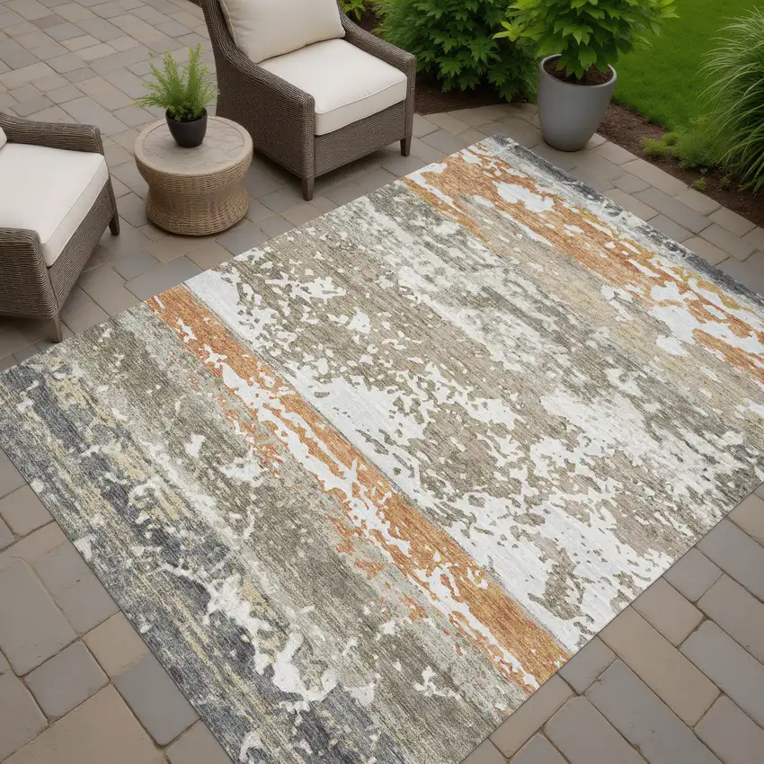 Taupe Copper And Ivory Striped Washable Indoor Outdoor Area Rug Photo 7