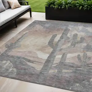 Photo of Taupe Coral And Sage Botanical Leaves Washable Indoor Outdoor Area Rug