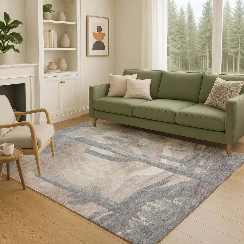 Taupe Coral And Sage Botanical Leaves Washable Indoor Outdoor Area Rug Photo 7