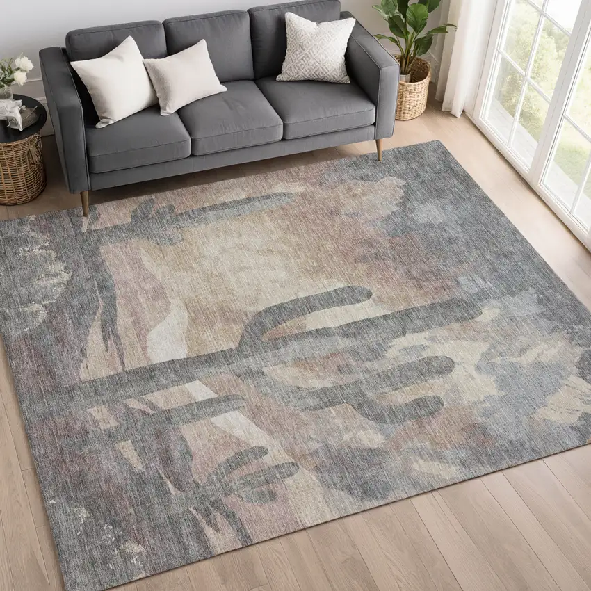 Taupe Coral And Sage Botanical Leaves Washable Indoor Outdoor Area Rug Photo 8