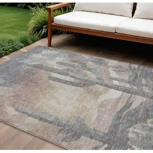 Photo of Taupe Coral And Sage Botanical Leaves Washable Indoor Outdoor Area Rug