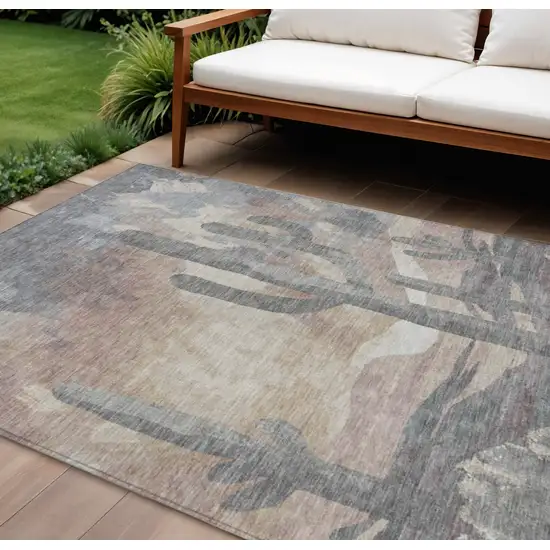 Taupe Coral And Sage Botanical Leaves Washable Indoor Outdoor Area Rug Photo 1