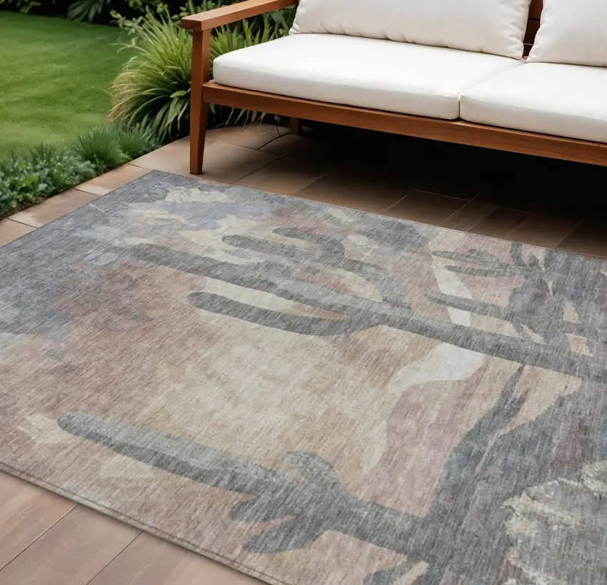 Taupe Coral And Sage Botanical Leaves Washable Indoor Outdoor Area Rug Photo 1