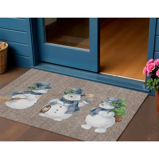 Taupe Denim Blue And Ivory Botanical Leaves Washable Indoor Outdoor Area Rug Photo 2