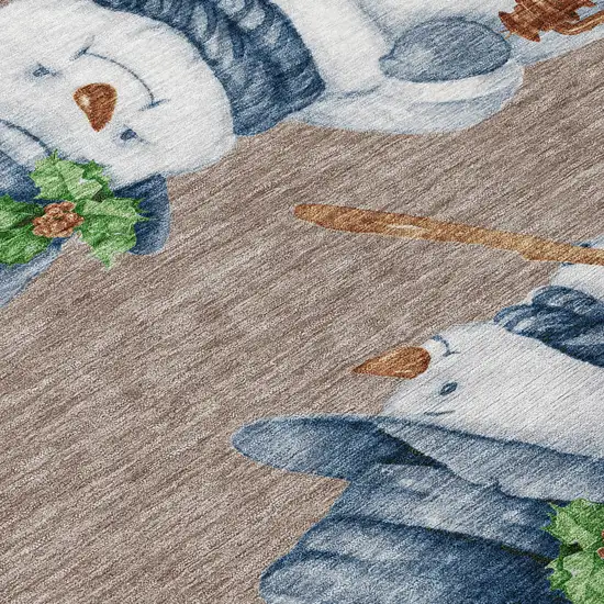 Taupe Denim Blue And Ivory Snowmen Washable Indoor Outdoor Area Rug Photo 8