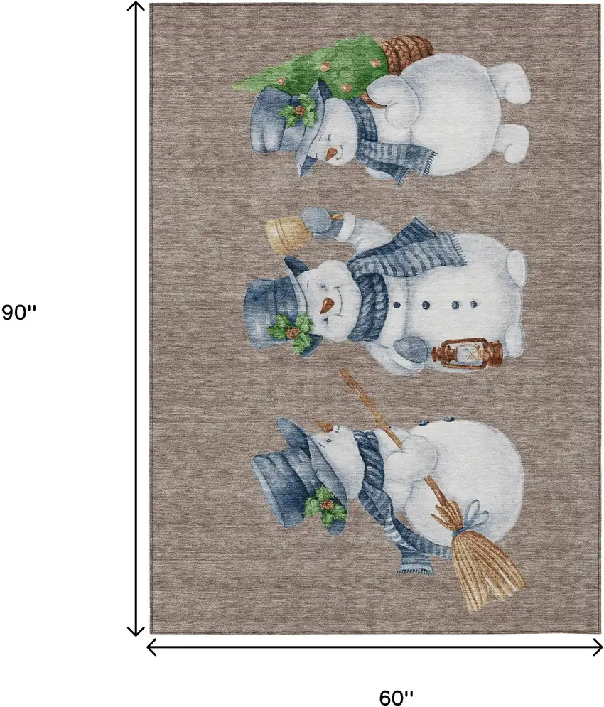Taupe Denim Blue And Ivory Snowmen Washable Indoor Outdoor Area Rug Photo 9