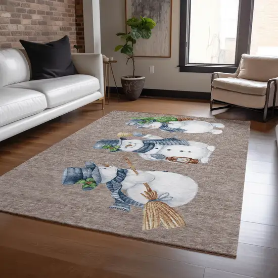 Taupe Denim Blue And Ivory Snowmen Washable Indoor Outdoor Area Rug Photo 6