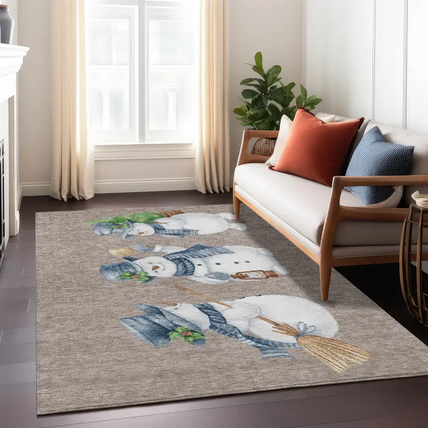 Taupe Denim Blue And Ivory Snowmen Washable Indoor Outdoor Area Rug Photo 7