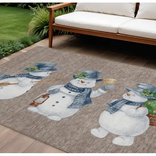 Taupe Denim Blue And Ivory Snowmen Washable Indoor Outdoor Area Rug Photo 1