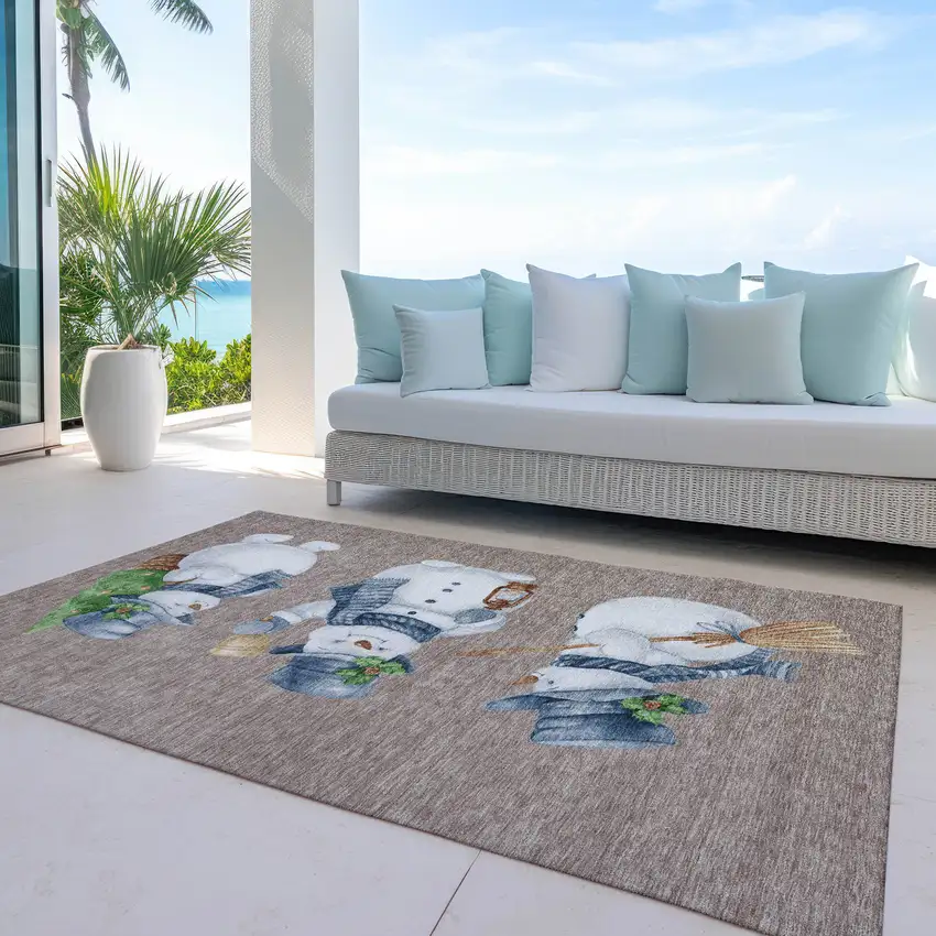 Taupe Denim Blue And Ivory Snowmen Washable Indoor Outdoor Area Rug Photo 5