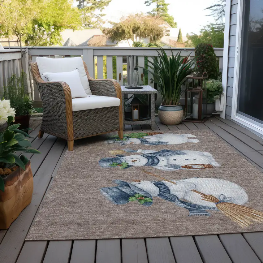 Taupe Denim Blue And Ivory Snowmen Washable Indoor Outdoor Area Rug Photo 8