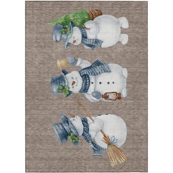 Taupe Denim Blue And Ivory Snowmen Washable Indoor Outdoor Area Rug Photo 2