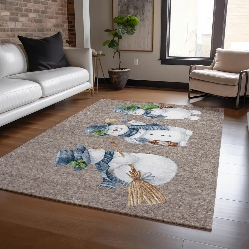 Taupe Denim Blue And Ivory Snowmen Washable Indoor Outdoor Area Rug Photo 6