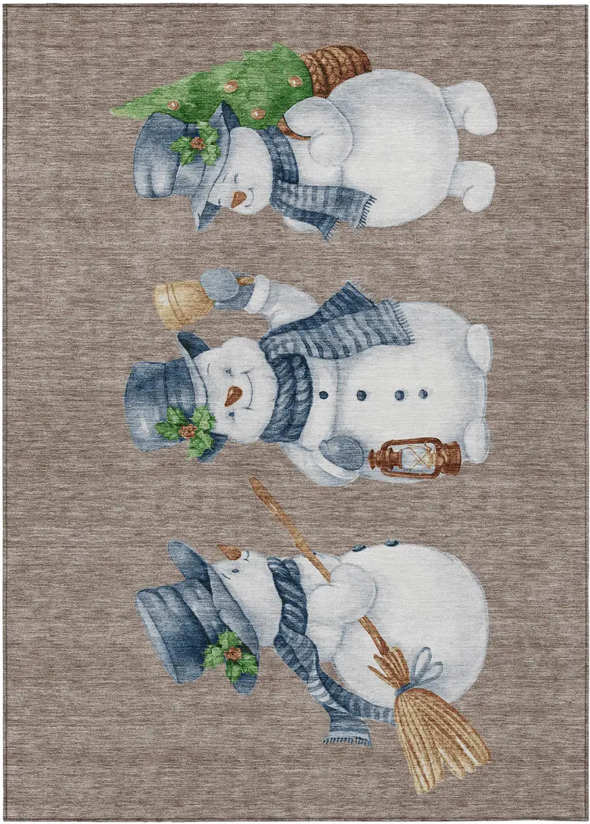 Taupe Denim Blue And Ivory Snowmen Washable Indoor Outdoor Area Rug Photo 2