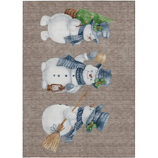 Taupe Denim Blue And Ivory Snowmen Washable Indoor Outdoor Area Rug Photo 3