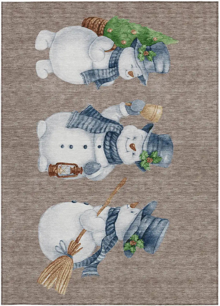Taupe Denim Blue And Ivory Snowmen Washable Indoor Outdoor Area Rug Photo 3