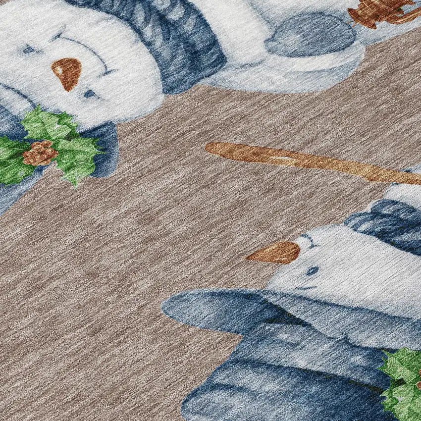 Taupe Denim Blue And Ivory Snowmen Washable Indoor Outdoor Area Rug Photo 7