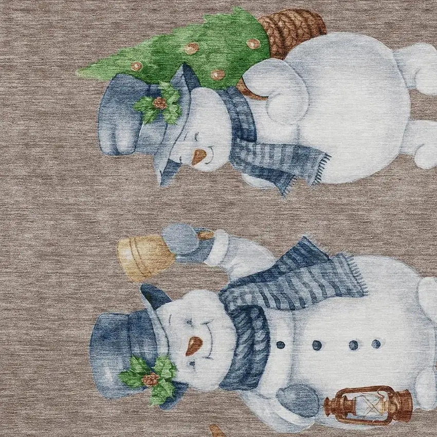 Taupe Denim Blue And Ivory Snowmen Washable Indoor Outdoor Area Rug Photo 4