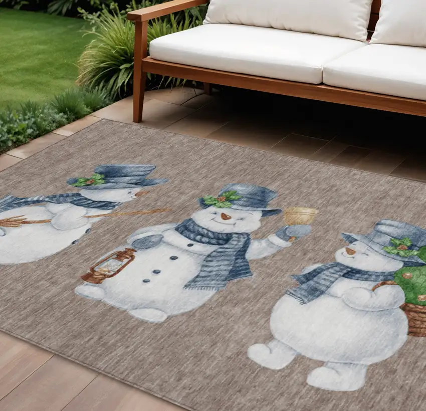Taupe Denim Blue And Ivory Snowmen Washable Indoor Outdoor Area Rug Photo 1