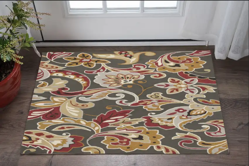 Taupe Floral Uv Treated Area Rug Photo 1