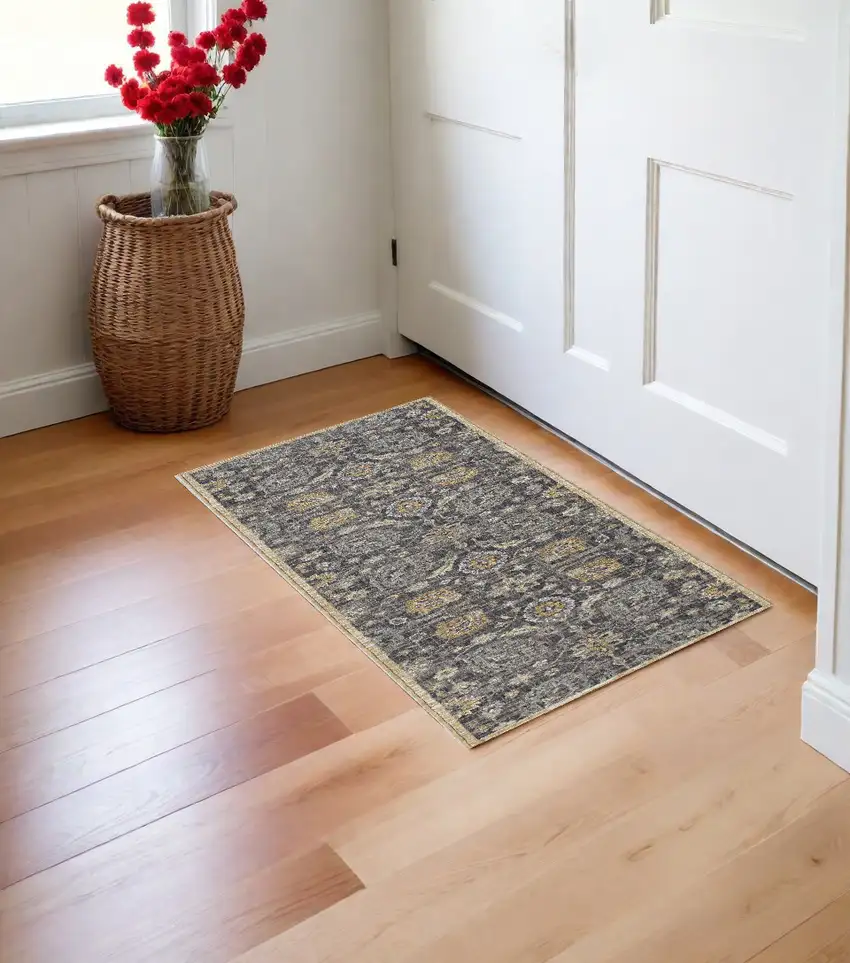 Taupe Floral Vine Bordered Wool Indoor Area Rug Photo 1