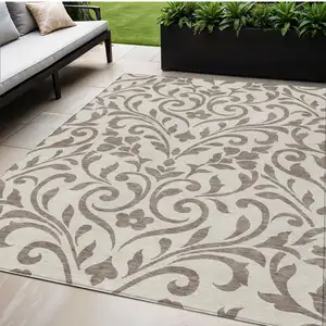 Photo of Taupe Floral Washable Indoor Outdoor Area Rug