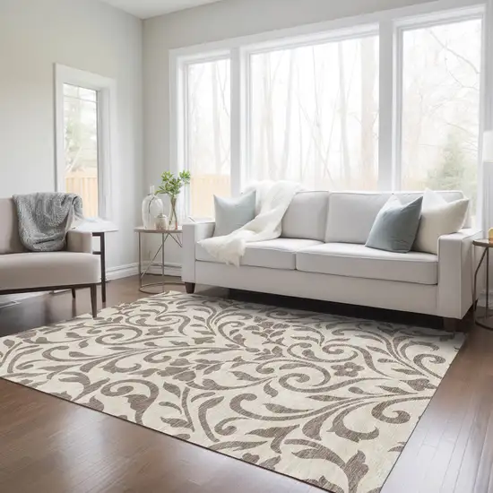 Taupe And Ivory Floral Washable Indoor Outdoor Area Rug Photo 9