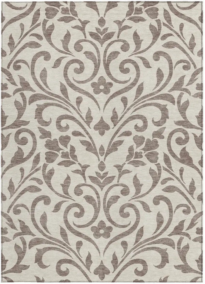 Taupe Floral Washable Indoor Outdoor Area Rug Photo 7