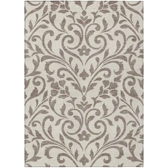 Taupe Floral Washable Indoor Outdoor Area Rug Photo 2