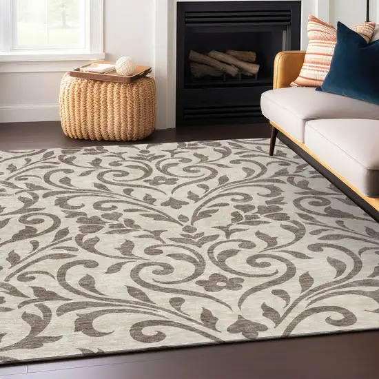 Taupe Floral Washable Indoor Outdoor Area Rug Photo 8