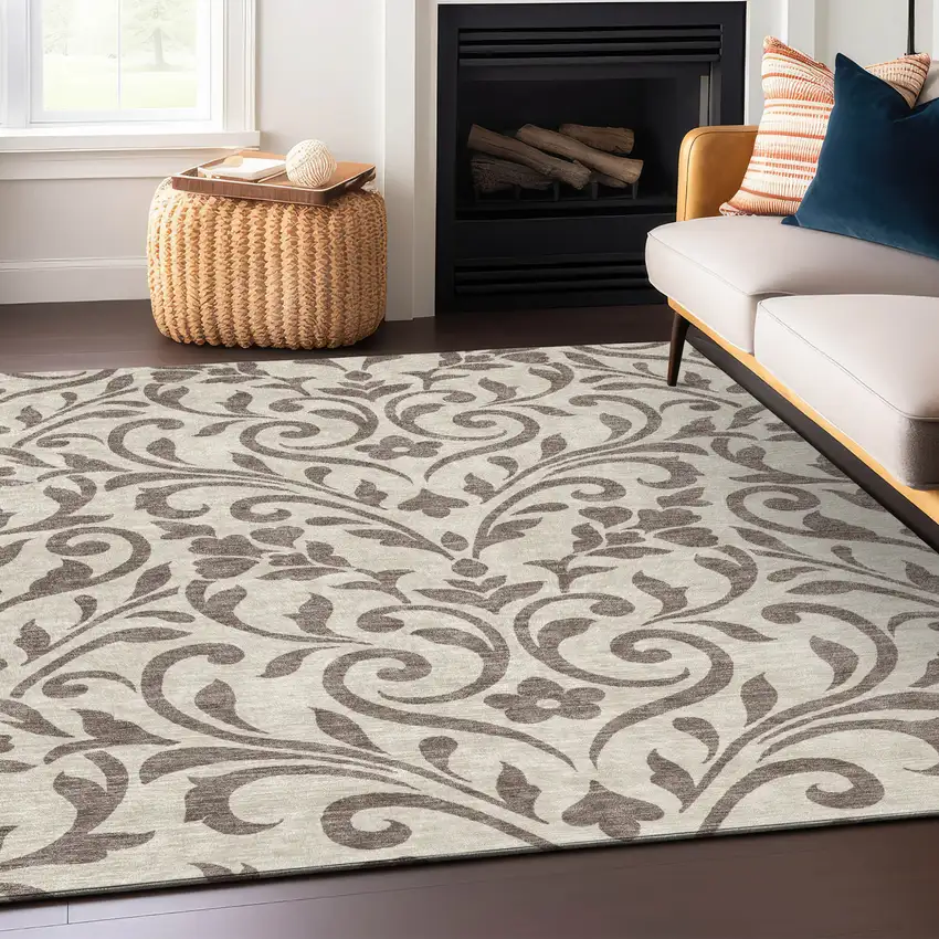 Taupe Floral Washable Indoor Outdoor Area Rug Photo 8