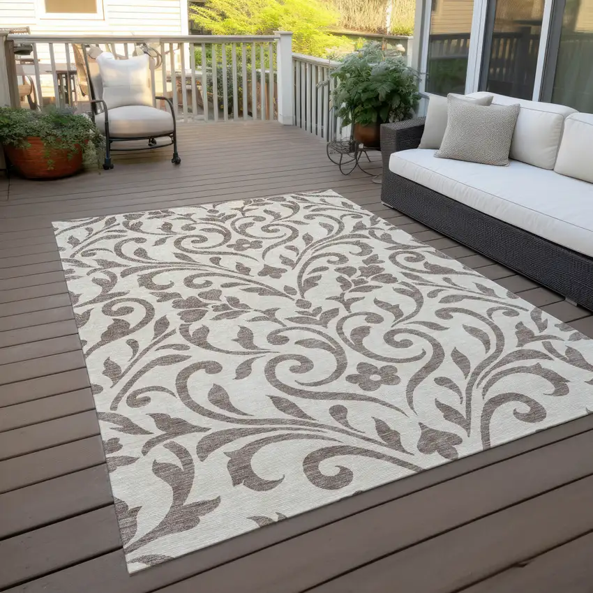 Taupe Floral Washable Indoor Outdoor Area Rug Photo 9