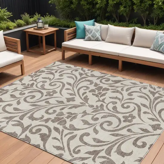 Taupe Floral Washable Indoor Outdoor Area Rug Photo 1
