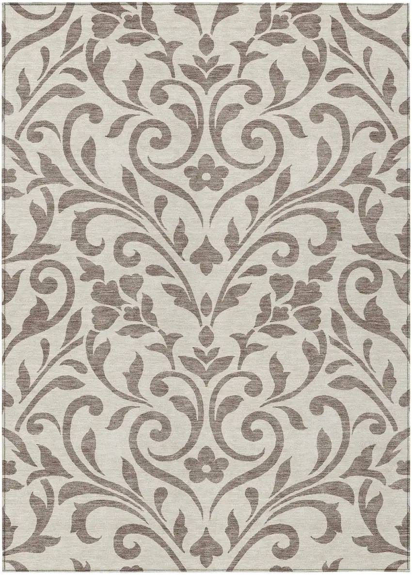 Taupe Floral Washable Indoor Outdoor Area Rug Photo 2