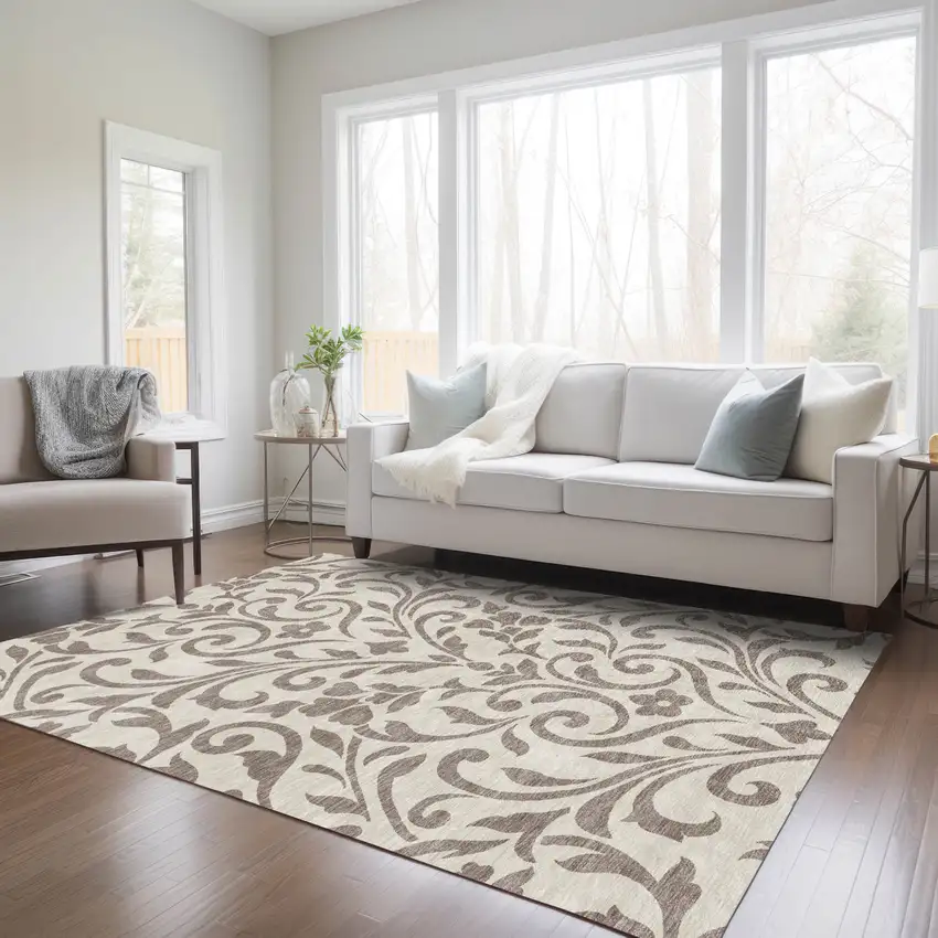 Taupe And Ivory Floral Washable Indoor Outdoor Area Rug Photo 9