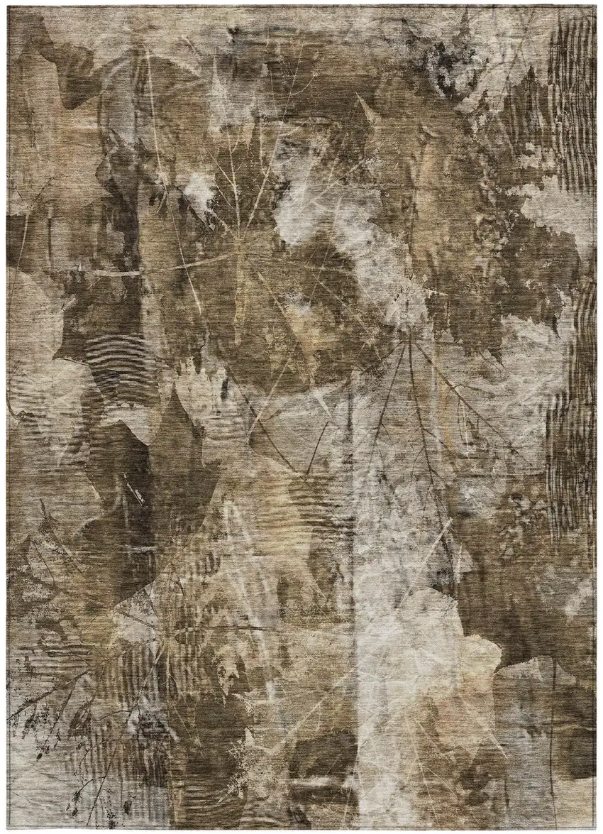 Taupe Floral Washable Non Skid Indoor Outdoor Area Rug Photo 3