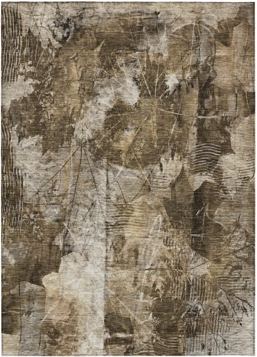Taupe Floral Washable Non Skid Indoor Outdoor Area Rug Photo 2