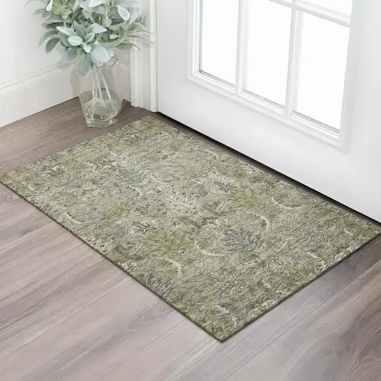Taupe Gold And Beige Damask Washable Area Rug With UV Protection Photo 2