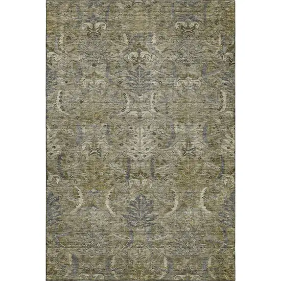 Taupe Gold And Beige Damask Washable Area Rug With UV Protection Photo 1