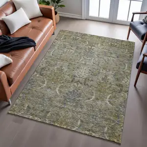 Photo of Taupe Gold And Beige Damask Washable Area Rug With UV Protection