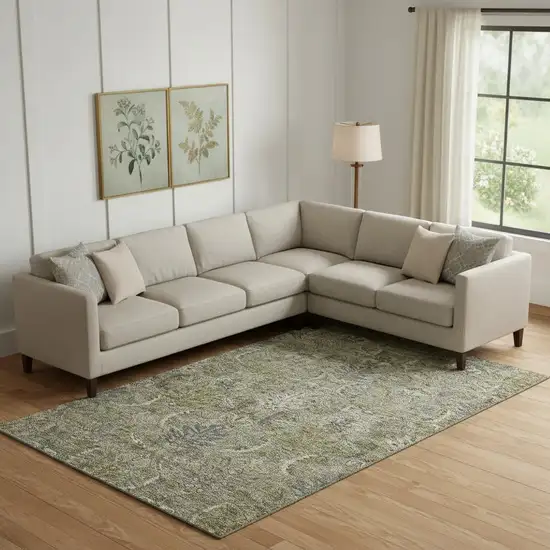 Taupe Gold And Beige Damask Washable Area Rug With UV Protection Photo 2