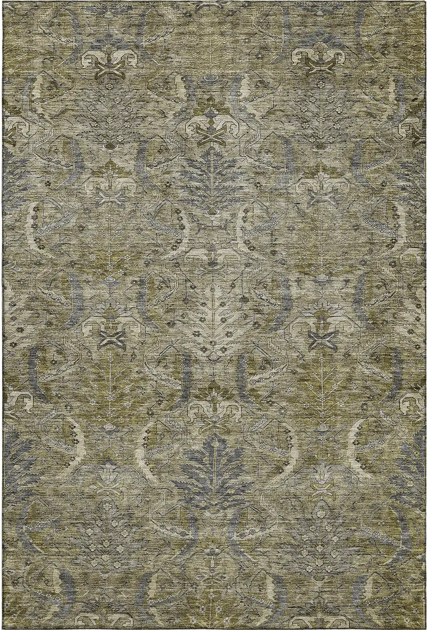 Taupe Gold And Beige Damask Washable Area Rug With UV Protection Photo 1