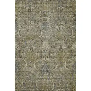 Photo of Taupe Gold And Beige Damask Washable Area Rug With UV Protection