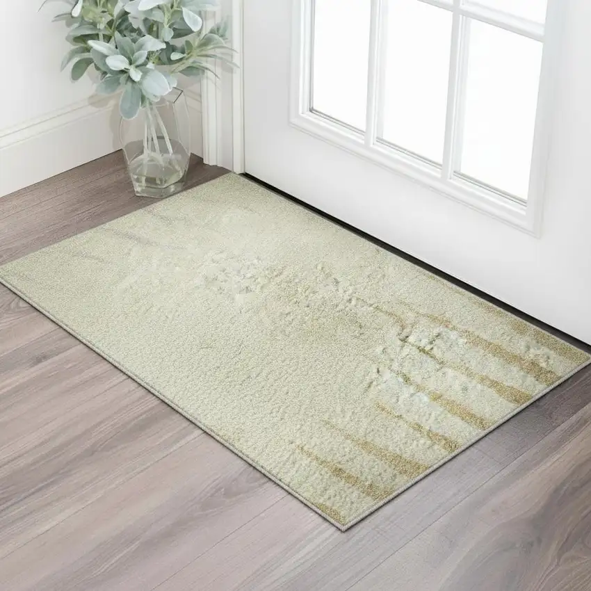 Taupe Gold And Beige Striped Washable Area Rug With UV Protection Photo 2
