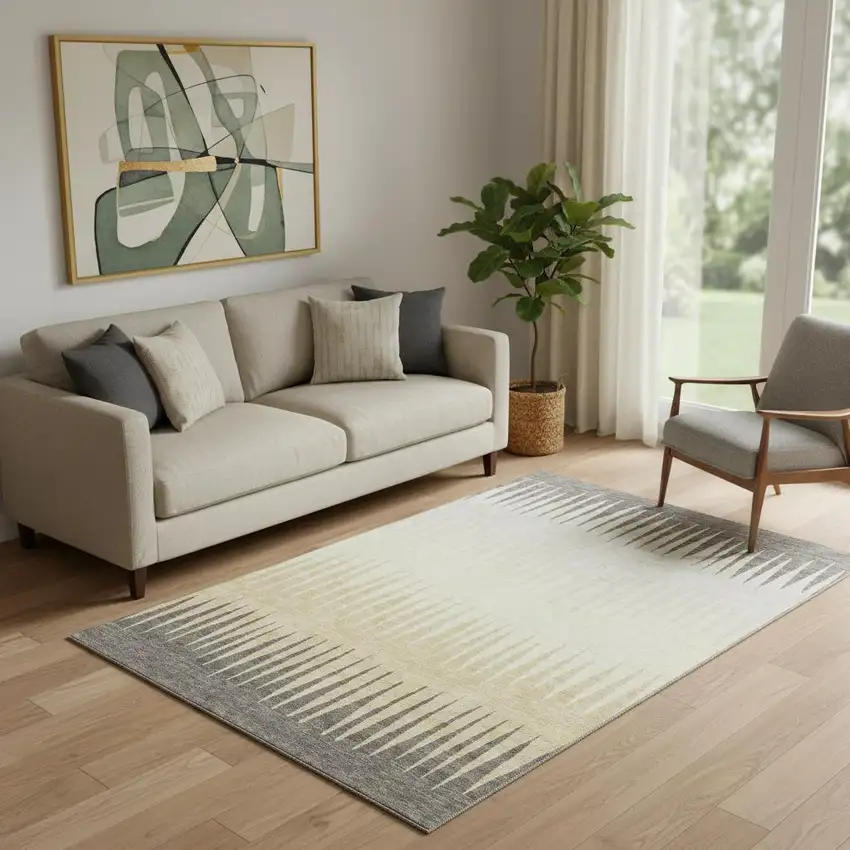 Taupe Gold And Beige Striped Washable Area Rug With UV Protection Photo 1