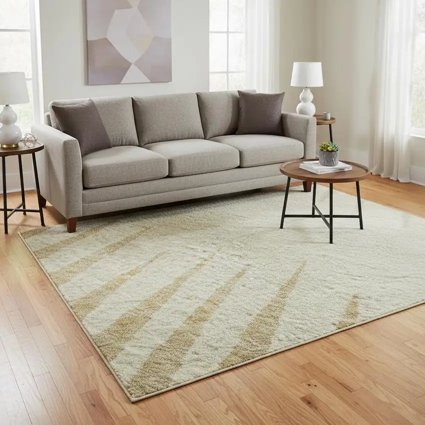 Taupe Gold And Beige Striped Washable Area Rug With UV Protection Photo 2