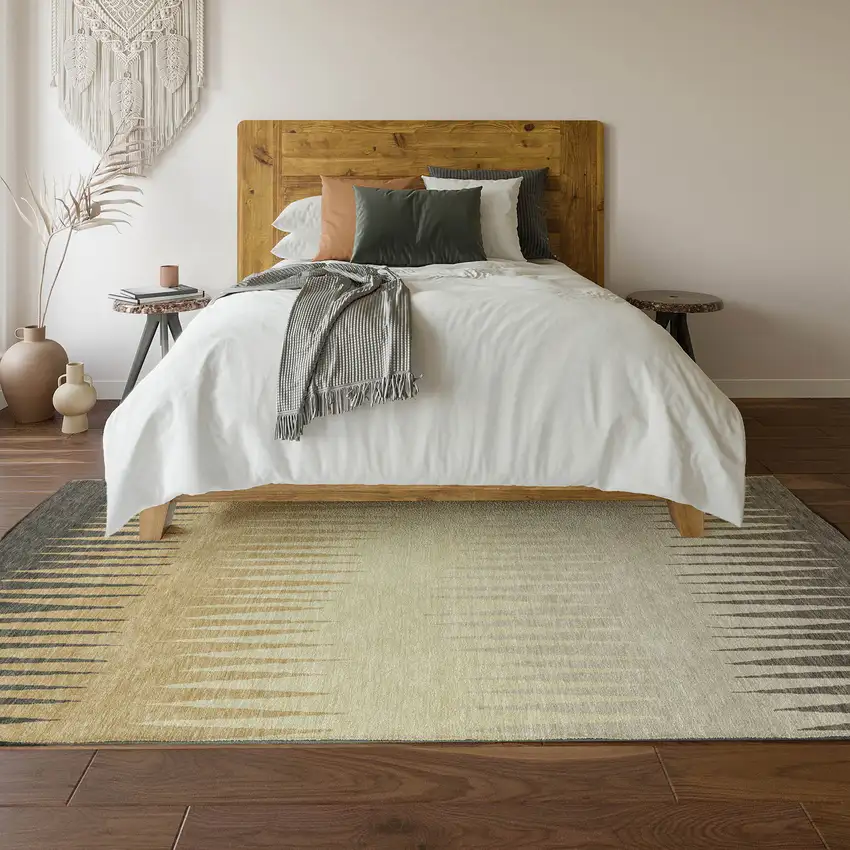 Taupe Gold And Beige Striped Washable Area Rug With UV Protection Photo 5