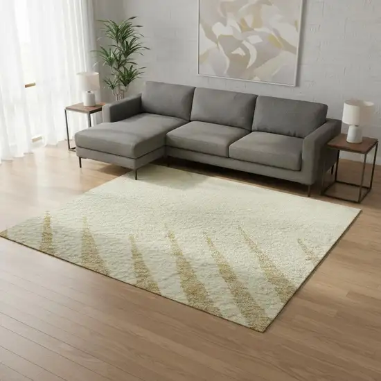 Taupe Gold And Beige Striped Washable Area Rug With UV Protection Photo 2